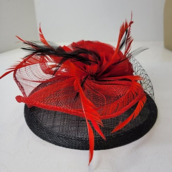 Red and Black Fascinator on Oval Base Sinamay Floral Accent with Feathers - Picture 10 of 16